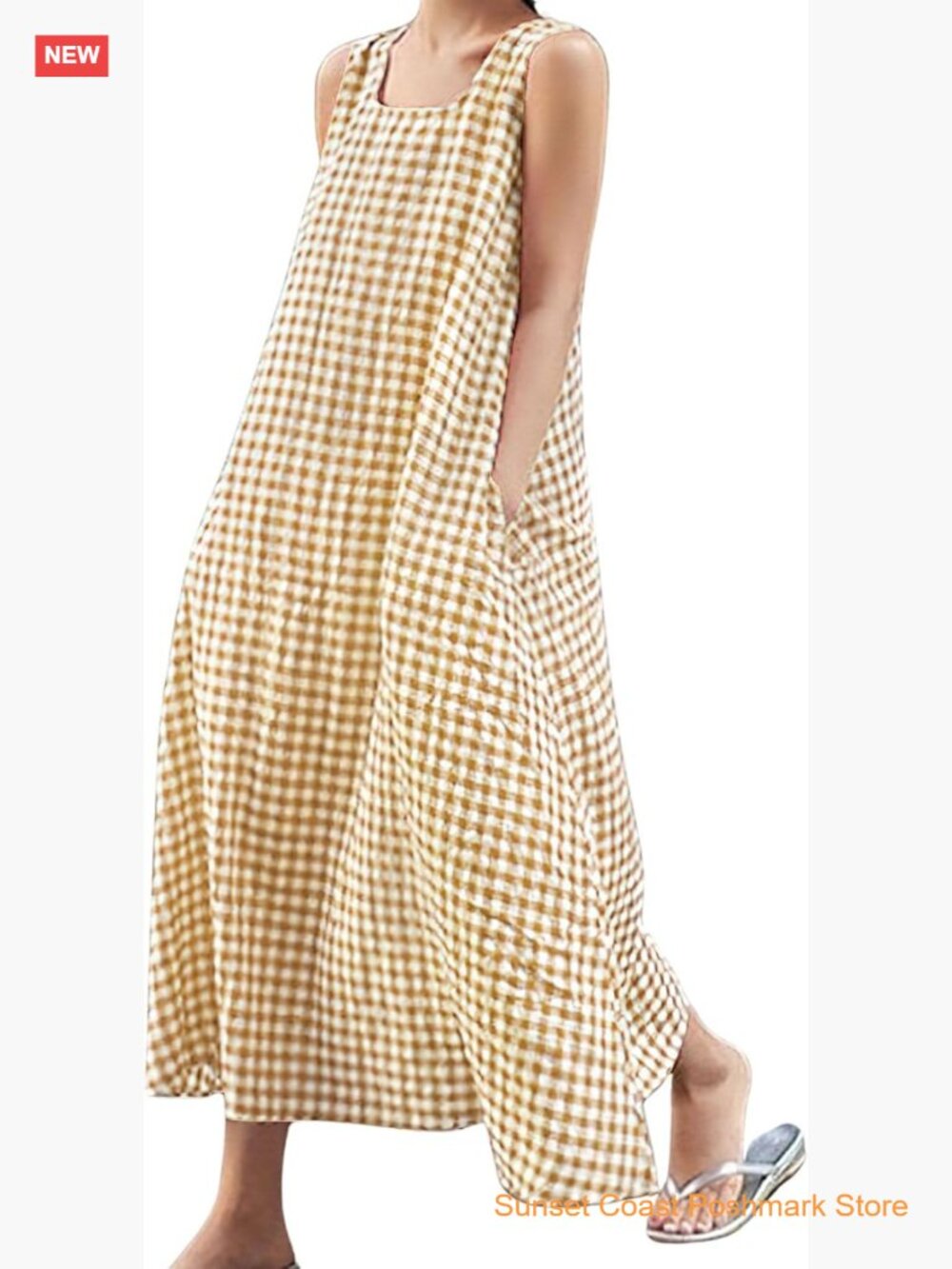 Women's Cotton Plaid Tank Maxi Dress with Pockets Loose Fit Sundress
